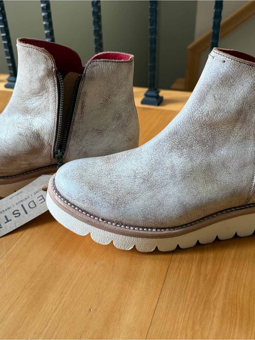 BED|STU Distressed Light Gray Suede Ankle Booties with Pink Lining